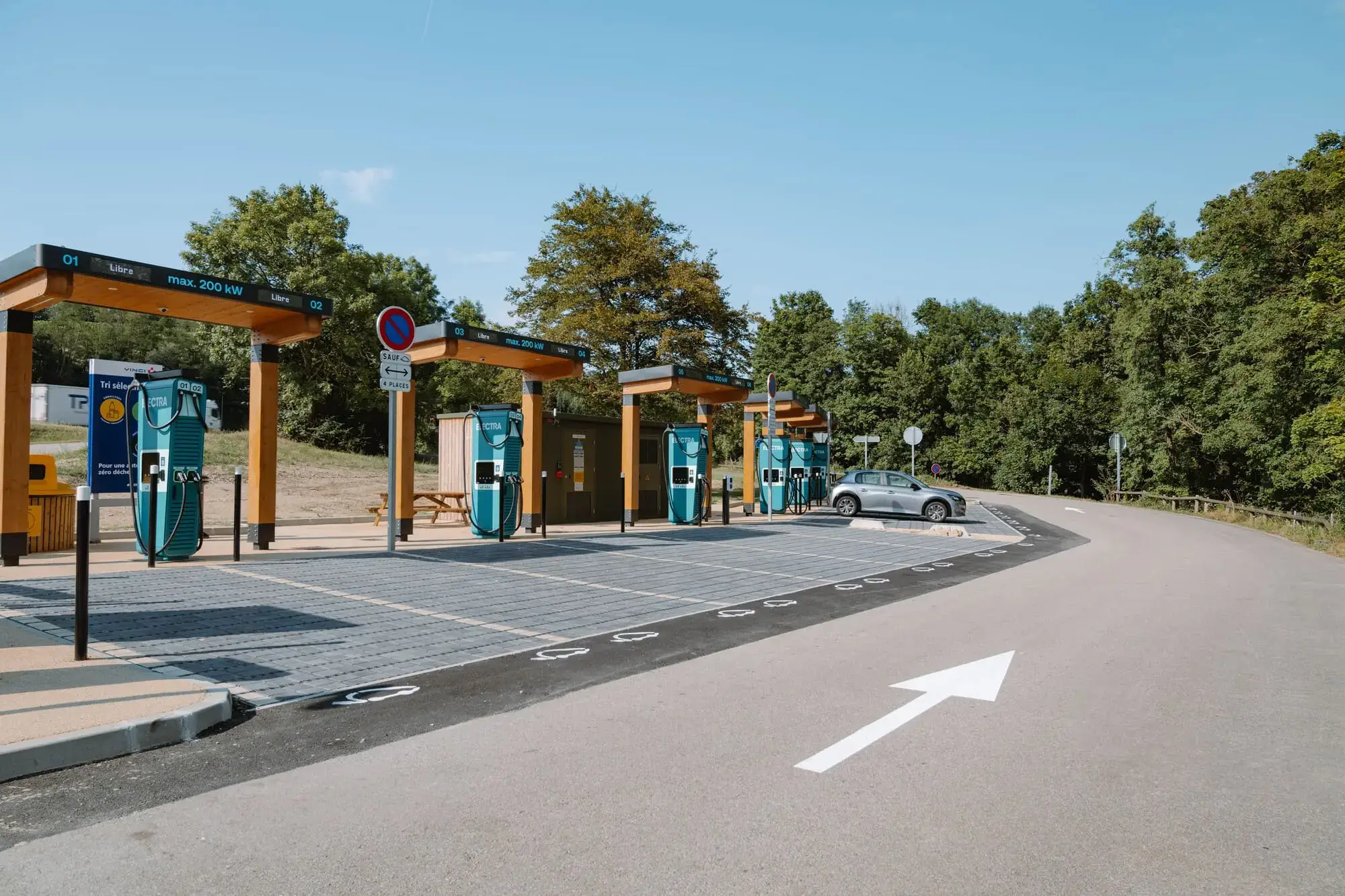 Electric vehicle charging station with multiple charging points from Electra, a parked car, and surrounding trees under a clear blue sky.